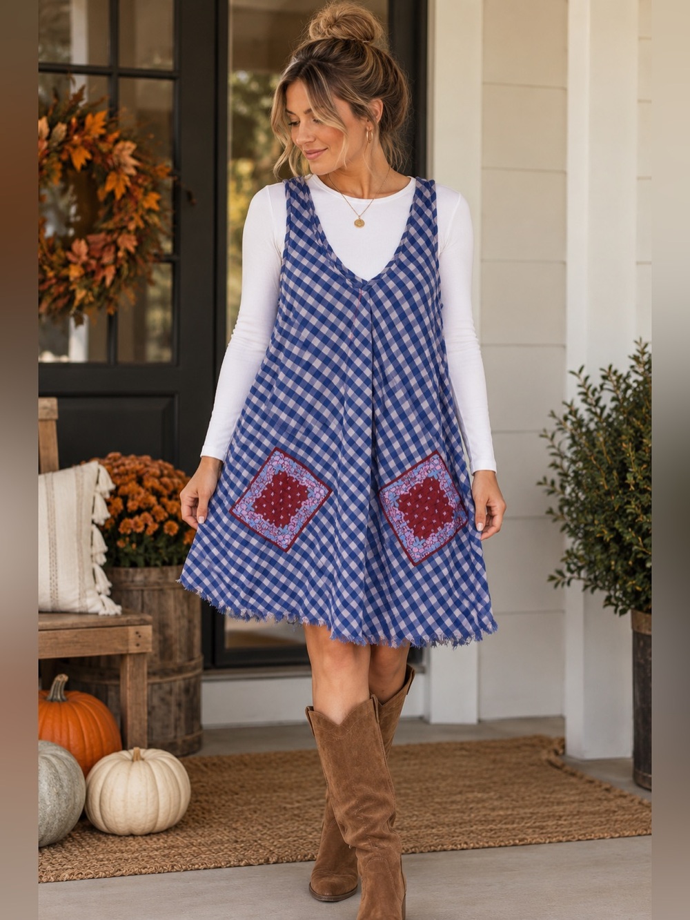 Natural Life In the Moment Mini Dress Blue Gingham Patch Pocket Dress Size S 🍂